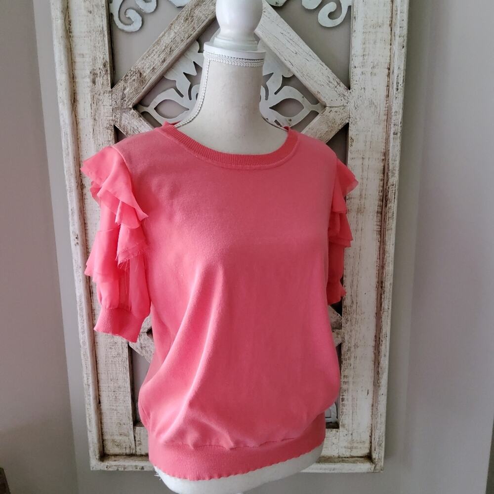 Nanette Lepore Women's Ruffle Puff Sleeve Knit Sweater Peachy Coral